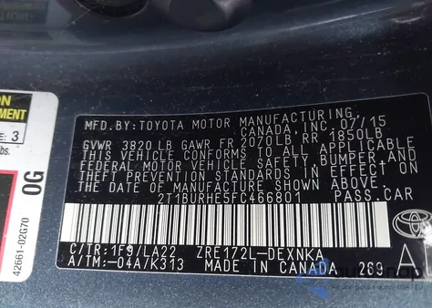 2015 Toyota Corolla Le Premium from USA, damaged, VIN 2T1BURHE5FC466801